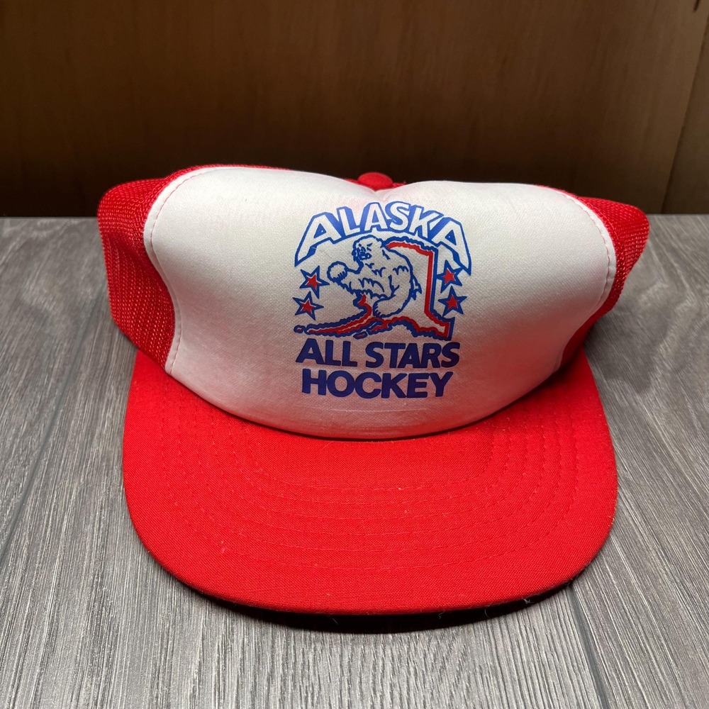Vintage Alaska All Star Hockey 1980s Red Polar Bear Mesh Trucker Snapback Hat